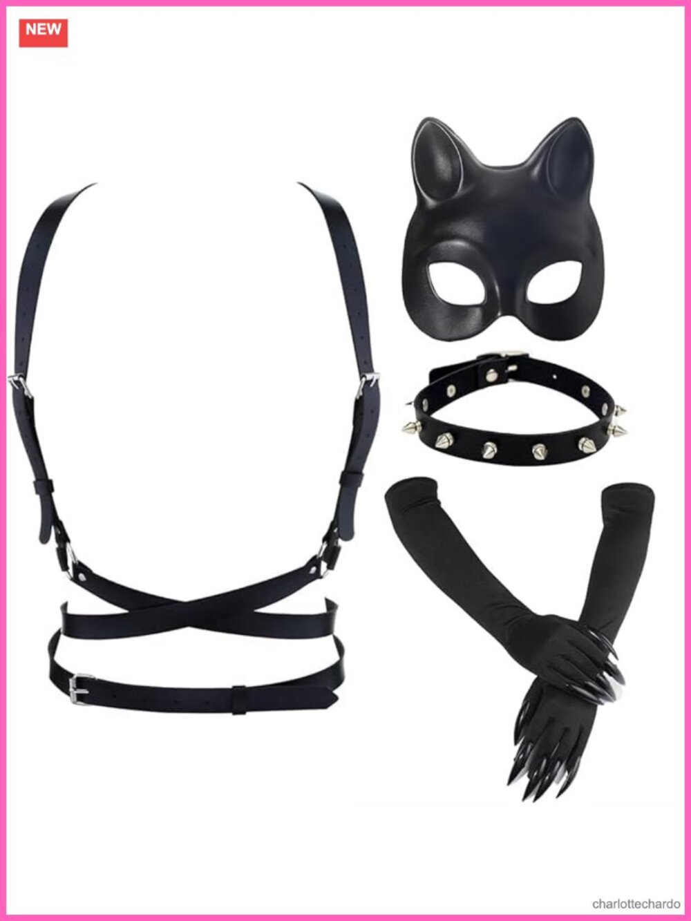 Punk Cat Woman Costume Accessory Set - Mask, Harness Belt, Spiked Collar &